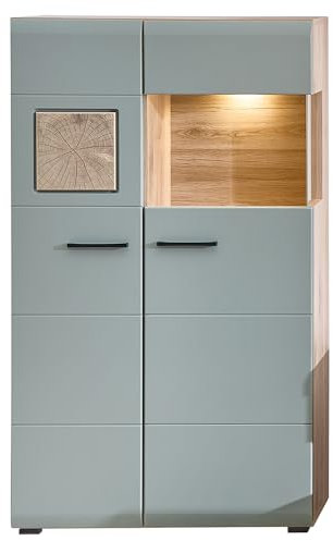 Lomadox Highboard Vitrinenschrank mit Beleuchtung, Eiche mit Schilfgrün