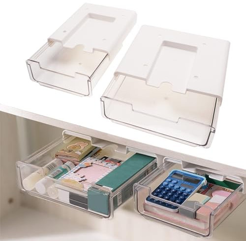 MIZAZBOX 2 Packs Under Desk Drawer Slide Out, Hidden Desk Drawer Organizer, Self-Adhesive Under Desk Pen Storage for Office Home School Kitchen