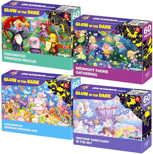 QUOKKA Puzzles For 3 4 Year Olds - 4x60 Glow Jigsaw Puzzles For Kids - Princesses, Unicorns, Faerie & Mermaid Wonderland Jigsaws For Children Age 4 5 - Gift Game for Boys & Girls 7 8