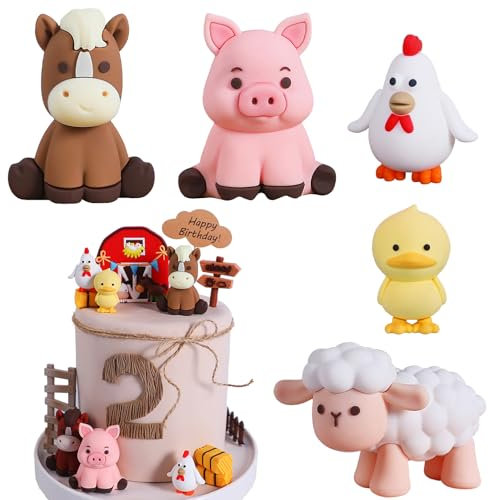 5Pcs Farm Animal Birthday Cake Decoration 3D Cartoon Farm Animal Cake Topper Sheep Cow Pig Duck Chicken Cake Decoration Cake Topper Cupcake Topper Picks for Farm Animal Baby Shower Kids Birthday Party