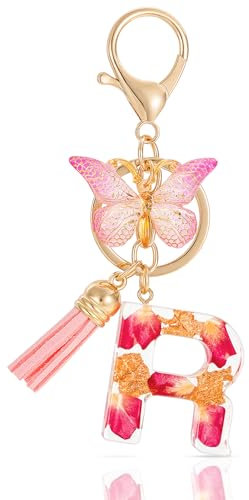 MWOOT Letter Keychain Initiale Schlüsselanhänger Buchstabe R,Alphabet Harz Buchstabe mit Blume Key Chain mit Schmetterling Quaste Anhänger Handtasche Charm,Rosa Blütenblatt Keyring für Frauen (R)