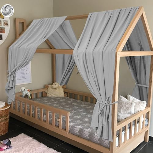 HOTUT Hausbett Himmel,2 Stück Betthimmel Babybett aus Musselin,Weich und atmungsaktiv Baldachin Kinderzimmer Deko,Babybett Himmel Deko Set für Mädchen & Jungen-62 x 270cm Grau