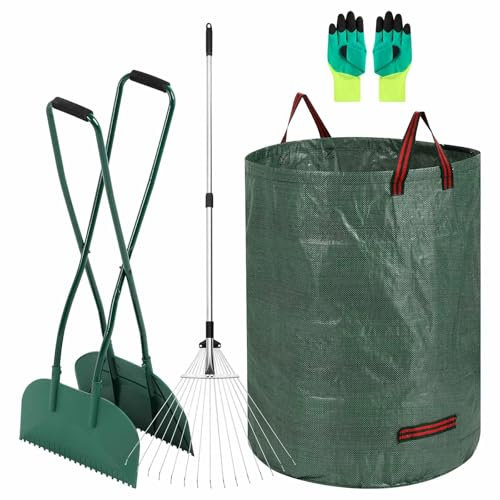 Leaf Grabber and Leaf Rake Set Includes Leaf Scoops with Long Handle, Adjustable Metal Leaf Rake, 79 Gallon Reusable Yard Waste Bags and Work Gloves, Leaf Collector Yard Tools