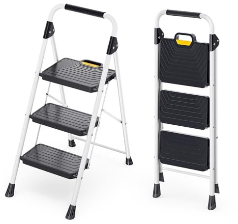 KINGRACK Sturdy Steel 3 Step Ladder, Folding Step Stool with Handrail, Anti-Slip Wide Pedals, Safe-Lock Design, Pass 800lbs Load Testing, Portable Ladder for Multi-Purpose in Home, Kitchen, White