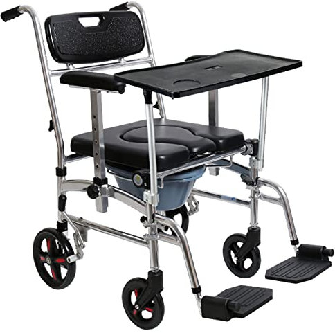 LQDSADRT Nachttisch Toilettenstuhl, 4 in 1 Toilettenrollstuhl mit verstellbaren Armlehnen und 4 Bremsen Rollen, mobiler Duschrollstuhl für Erwachsene, Senioren, Behinderte