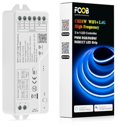 FCOB CH31W WiFi+2.4G RGB RGBW RGBCCT 3en1 Controlador LED Alta Frecuencia para 5050SMD COB RGB RGBW RGBCCT Tiras LED soporte Mando a Distancia RF Alexa Google Assistant Tuya APP Control DC12-24V