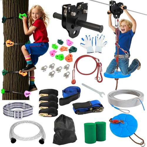 FAHKNS Seilzug-Set für Kinder und Erwachsene: 60 m bis zu 180 kg – aktualisierter abnehmbarer Design-Trolley, verdickter Sitz, Sicherheitsgurt, schnell festziehbare Zipline-Sets für den Hinterhof im
