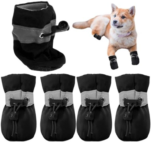 NHQZ Scarpette Cane Antiscivolo Con Cinghie Riflettenti,4 Pezzi Alti Stivali Per Cani Impermeabili,Suola In Gomma,Scarpe Antiscivolo Per Cani Adatto a Cani Di Piccola e Media Taglia(nero)
