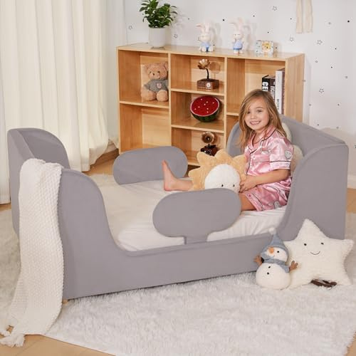 Kinderbett, komplett weich gepolstertes Bodenbettgestell für Kleinkinder, Kinderbetten mit extra Sicherheitsbreite, Kleinkinderbetten für Mädchen, Jungen und Kinder -Grau (Matratze NICHT enthalten)