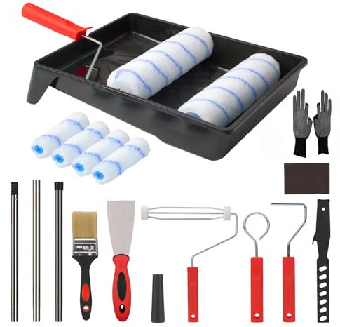 Lot de 16 rouleaux de peinture et plateaux avec manche d'extension, pinceau, rouleau en mousse, housse de rouleau en microfibre, grattoir et gants, kit d'outils de peinture pour murs et plafonds