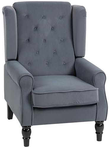 HOMCOM Retro Accent Chair, Velvet Wingback Armchair with Wood Frame Button Tufted Design for Living Room Bedroom, Grey