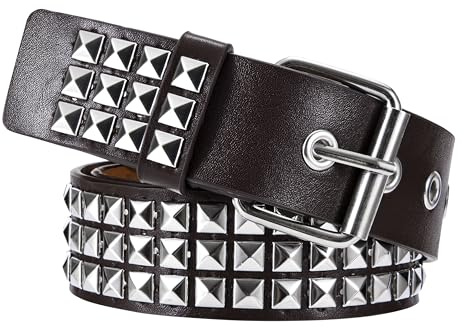 Yesaler Nietengürtel Rock Nieten Gürtel PU Leder Punk Gürtel mit Hellen Pyramiden-Nieten für Damen und Herren Gothic Kleidung Zubehör (Braun)