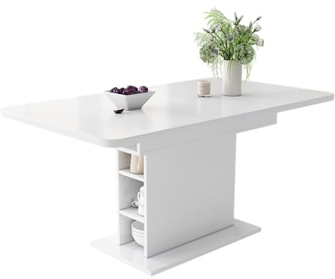 Ausziehbarer Esstisch mit Stauraum, Rechteckiger Esstisch 110/130x70x75 cm, Moderner Küchentisch aus Spanplatte & Metall, Platzsparender Multifunktionstisch für Wohnzimmer, Esszimmer, Küche (Weiß)