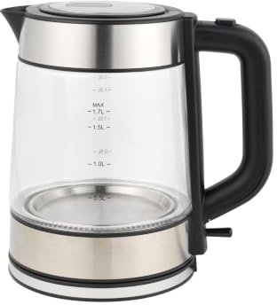 Progress Glass Electric Kettle, 1.7 L, 2200 W, Blue LED | 360 Degree Swivel Base, Cordless Jug Design, Water Level Indicator, Anti-Limescale Filter, Boil-Dry Sensor, Auto Shut-Off