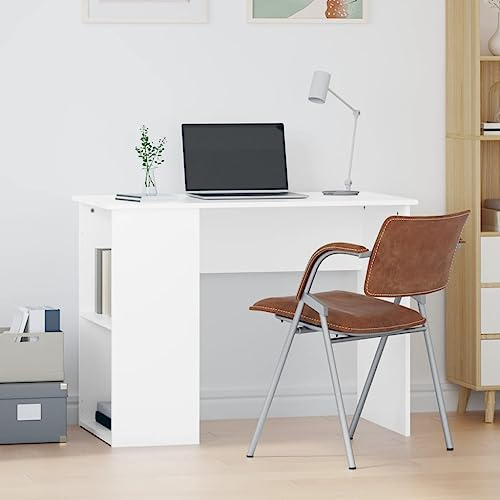 Foknhdi Schreibtisch Weiß 100x55x75 cm Holzwerkstoff Modernes Design mit 2 Fächern Computer- & Home-Office Desk stabil & platzsparend für Büro Schlafzimmer Gaming