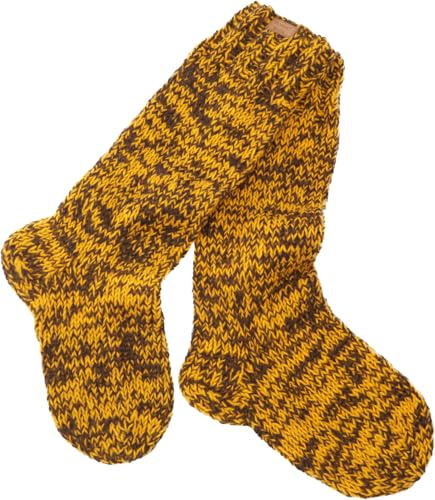 GURU SHOP Handgestrickte Schafwollsocken, Haussocken, Nepal Socken - Gelb/braun, Herren/Damen, Size:L (42-46)