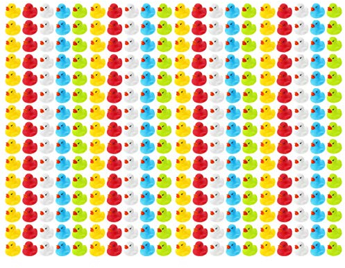 200 WELLGRO Badeenten - bunt (gelb, rot, weiß, blau, grün), je Ente ca. 3,5 x 3 cm (ØxH), Gummiente, im Netz