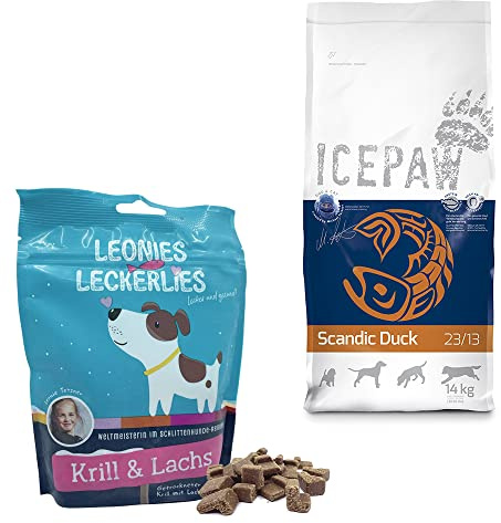 ICEPAW I Kombipaket für Hunde I Trockenfutter I Scandic Duck 14 kg I Mit Ente und Kartoffel I getreidefrei I Leonies Leckerlies 125 g
