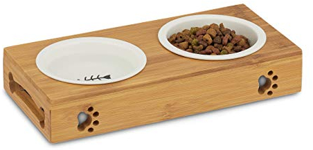 Relaxdays 10028853_58 Gamelle Double en Bambou, Bols en céramique, Eau et Nourriture, adapté pour Le Lave-Vaisselle, Naturelle, Nature, 1