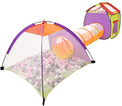 SELONIS 3In1 Spielzelt Mit Tunnel Spielplatz Popup Bällebad Mit 200 Bälle Für Kinder, Mehrfarbig:Perle/Grau/Transparent/Puderrosa