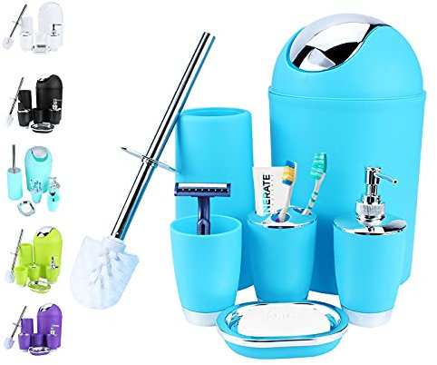 AYNEFY - Juego de accesorios para baño (6 piezas, cromado, dispensador de jabón, jabonera, vaso, soporte para escobillero de inodoro, cubo de basura, color azul