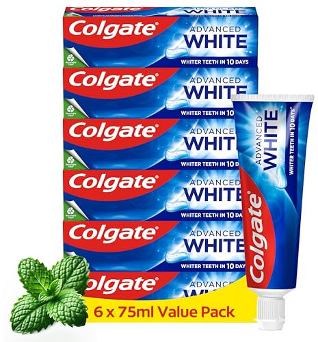 Colgate Advanced White Toothpaste, 6 x 75 ml - Whiter teeth in 10 Days - Clinically proven whitening - Teeth whitening toothpaste with micro-cleansing crystals - Mint toothpaste