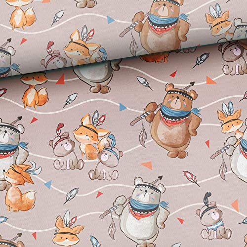 50x165cm Tiere French Terry Stoff mit Boho Bären & Füchse - Tiermotiv Sommersweat für Junge - Kinderstoffe aus Baumwolle - Stoffe für Kinder zum Nähen - keine Meterware
