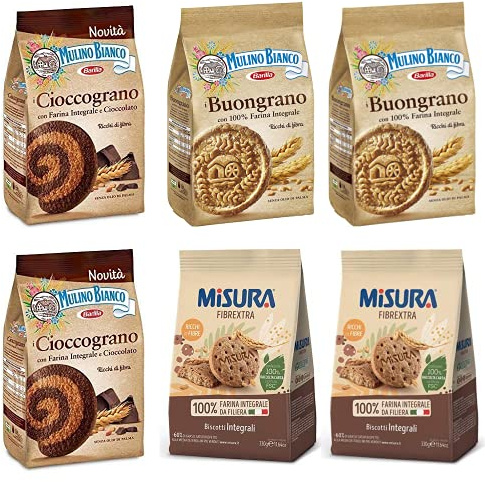 2x Mulino Bianco Cioccograno Vollkorn kekse mit schokolade 350g + 2x Misura Fibraextra Integrali Vollkorn kekse 330 g + 2x Mulino Bianco kekse Buongrano 100% Vollkorn 350g biscuits