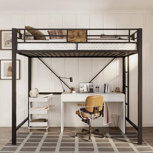 Allewie Hochbettgestell aus Metall mit Treppe und durchgehender Schutzschiene, platzsparend, kein Boxspringbett erforderlich, geräuschfrei, Schwarz