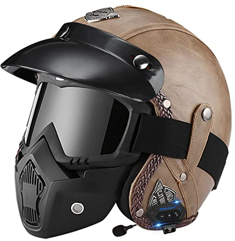 Bluetooth Jethelme, 3/4 Halbhelm Im Vintage-stil, Vier Jahreszeiten Moped Scooter Lokomotive Jethelme mit Brille für Männer und Frauen, Dot/ece-zertifizierung,I,S