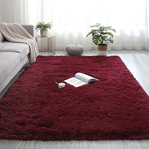 YUANBIAO Schaffell Teppich 60x200cm Hochflor Teppich rutschfest Unterseite Weich Waschbar Farbecht für Schlafzimmer Esszimmer oder Kinderzimmer, Dunkelrot