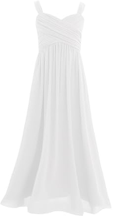 Freebily Longue Robe à Bretelles Mariage Cérémonie Enfant Fille Robe Demoiselles d'honneur Eté Robes de Fête Gala en Mousseline Blanc 14 Ans
