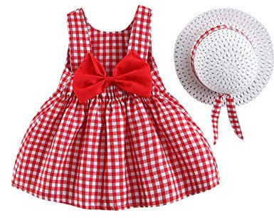 IWEMEK Robe Bébé Enfant Fille été Fleur Imprimé Costume Princesse Nœud Papillon Ensemble Trapèze sans Manches + Chapeau de Paille Décontractée Plage Vacances Loisir #Carreaux Rouge 6-12 Mois