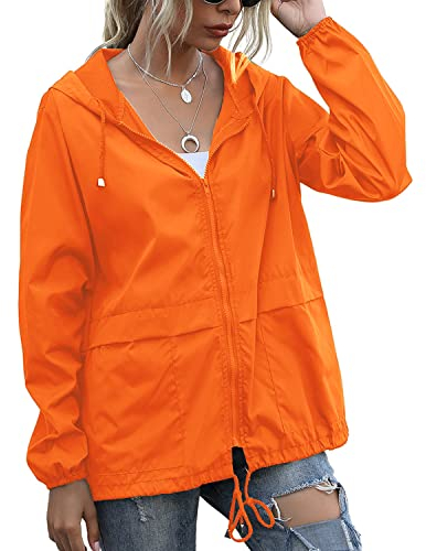 PESION Damen Wasserdicht Regenmantel Leichte Regenjacke Kapuze Windbreaker mit Tasche für Outdoor, Orange/Abendrot im Zickzackmuster (Sunset Chevron), M