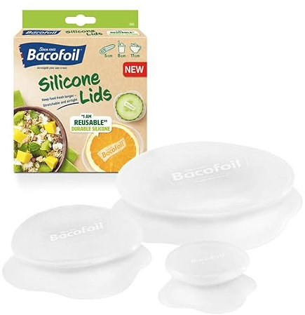 Bacofoil Reusable Silicone Lids for Bowls, Jars, Containers - 3 Pack - Silicone Covers for Food - Leakproof, Airtight Stretch Lids - Microwave, Freezer, Dishwasher-Safe - Kitchen Storage Essentials