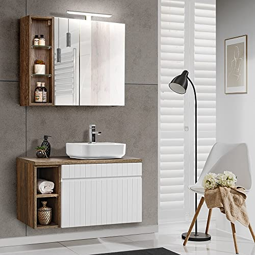 Lomadox Badezimmer Set in weiß matt mit Vintage Eiche Nb., Keramik Aufsatzwaschbecken mit 80cm Unterschrank, LED-Spiegelschrank, B/H/T: ca. 80,4/200/46 cm