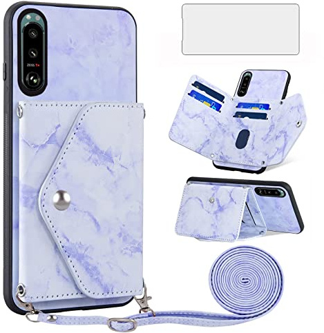 Asuwish Handyhülle für Sony Xperia 5 III Hülle mit Band und Glas Folie Schutzfolie Kartenfach Klappbar Kette Leder Geldbörse Ständer 5III 3 XQ-BQ52 5G Handy Hüllen Schutzhülle Cover Phone Case Blau
