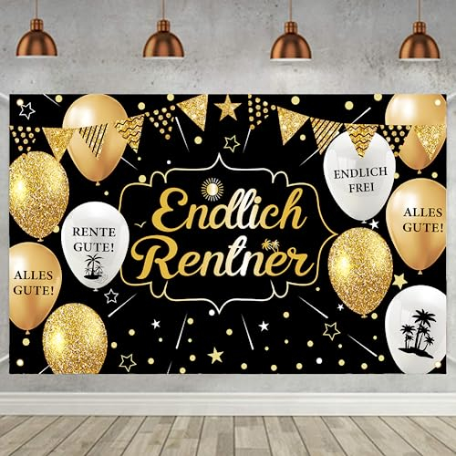 Endlich Ruhestand Banner - Schwarz Gold Hintergrund für Pensionierung Abschiedsfeier Party Deko - Rente Dekoration für Männer und Frauen - 1,8 x 1,1 m