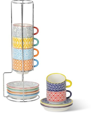 Selamica Ceramic Espresso Cups with Saucers, 2.5 OZ Stackable Demitasse Cups with Metal Stand, Mini Espresso Mugs for Latte Coffee Café Mocha Tea, Set of 6, Assorted Colors