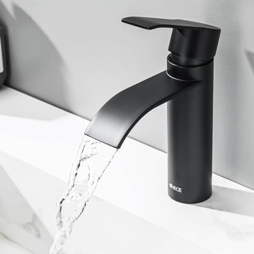 ONECE Robinet de Lavabo Cascade Noir, Mitigeur Cascade pour Salle de Bains, Acier Inoxydable, Robinettrie de Lavabo Design Elégant, Cartouche Céramique
