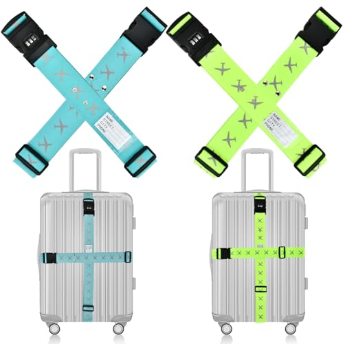 USENG 4 Stück Koffergurt mit zahlenschloss,Einstellbare Gürtel für Koffer mit Fester Schnalle und Namensschild,Kreuz Kofferband Gurt Gepäckgurte,Koffer Gurtband Kofferband,Koffer Zubehör auf Reisen
