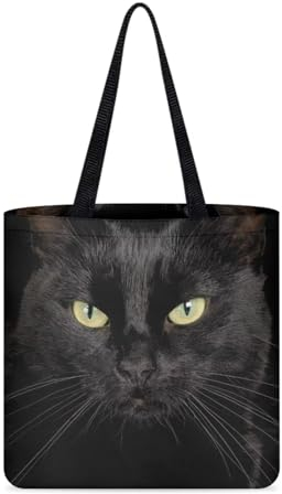 KUIFORTI Canvas-Tragetaschen für Damen, wiederverwendbar, groß, schmutzige Kleidung, tragbare Einkaufstasche, Schwarze Katze, 15.7in x 14.2in