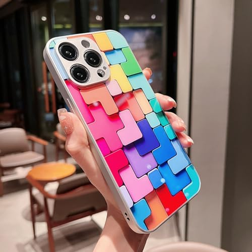 YODAOLI Flat 3D Square Pattern Glass Case Cover Compatible with iPhone, for iPhone 15 Flat 3D Square Pattern Glass Case Cover for iPhone 15/14/13/12/11 Promax (Silver,for iPhone 14)