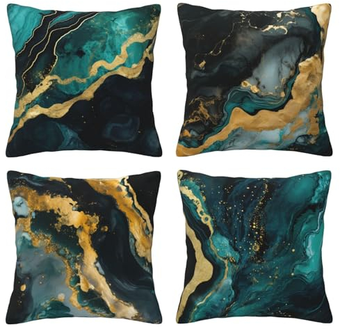HOSTECCO Grüner Marmor Kissenbezug 45x45 cm 4er Set Abstrakt Grün Gold Kissenbezüge Luxus Dekokissen Kissenbezüge für Sofa Couch Wohnzimmer