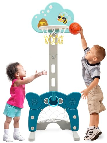 Panier de Basket Enfant 4 en 1,Hauteur réglable,Panier de Football,Jeu de Lancer D'anneaux - Idéal pour l'intérieur et l'extérieur - Favorise l'activité Physique pour Les Tout-Petits