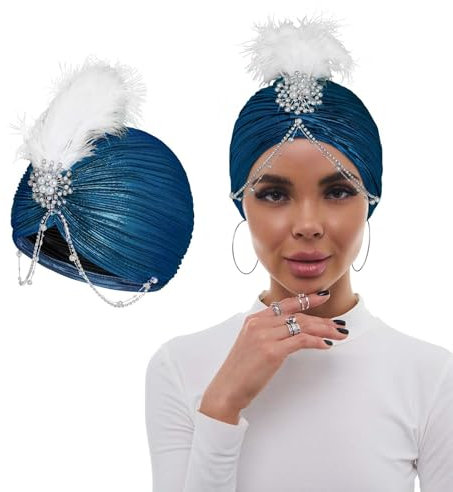Bohend Blume Strass Turban Mütze Vintage Perlenkopfbedeckung Beanie Vorgebundene Plissierte Haube Frauen Brosche Feder Kopfbedeckung Hut (Polyester, blau)