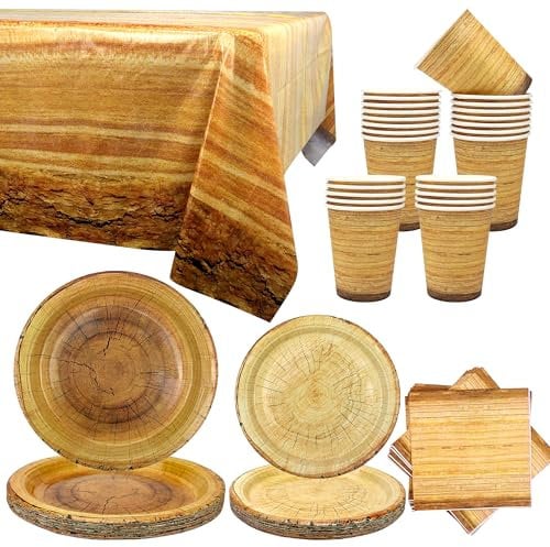Camping Wood Grain Slice Supplies - Hunting Tableware Set for Forest Hunter Baby Shower, Animal Lumberjack Theme - Plates, Cups, Napkins, Tablecover - Serves 20
