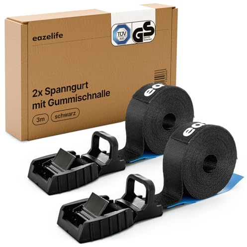 2er Set Spanngurte mit Gummischnalle 3m | TÜV & GS Zertifiziert | Schnelle Sicherung mit Lackschutz | Lastgurt für Dachbox, Fahrrad, Bike, Kajak | Zurrgurt schwarz