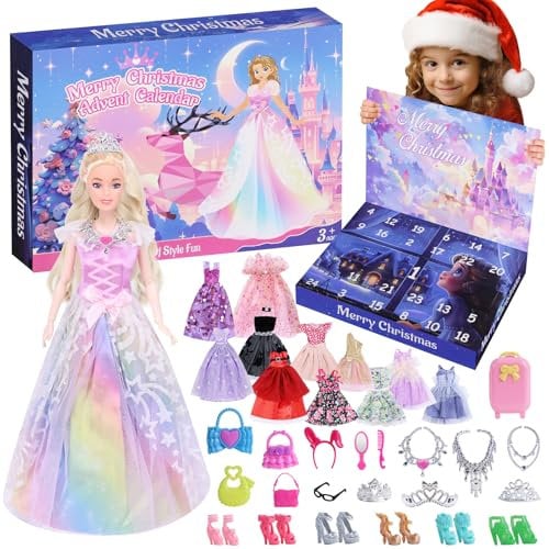 Adventskalender 2025 für Mädchen – Weihnachts-Countdown-Kalender, 24 Tage Überraschungen, Weihnachten Geschenke für Kinder Mädchen, inklusive Puppe mit Kostümen und Zubehör