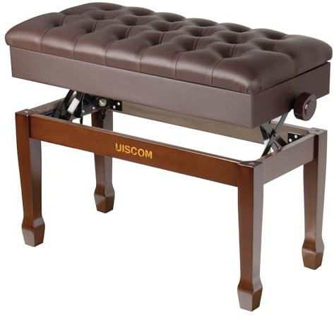 UISCOM Adjustable Duet Piano Bench with Storage - Heavy Duty Wooden Double Keyboard Piano Stool Chair Seat with PU Leather Padded Cushion (Brown)